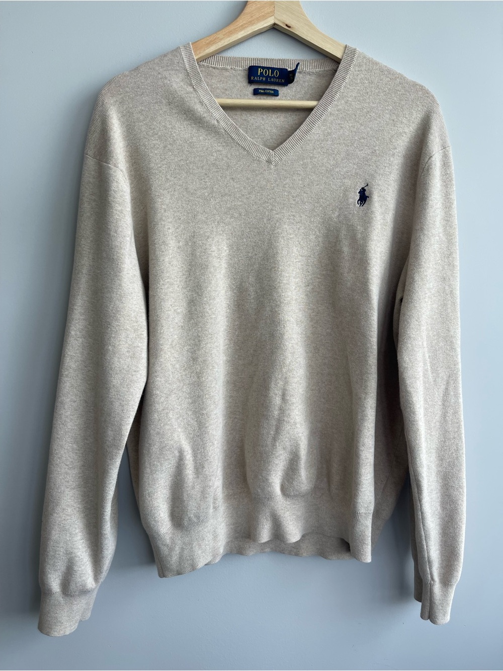 Polo Ralph Lauren Men’s Light Beige V-Neck Sweater with Navy Pony